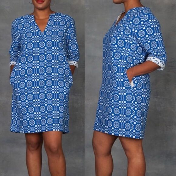 ACE & JIG Size XS Deck Dress in Cardiff Textile Blue White Geometric Pattern - Picture 11 of 11